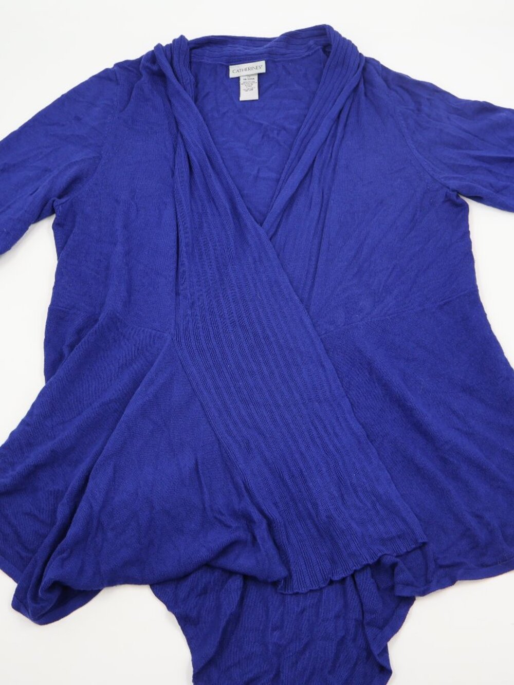 Catherines Cardigan Womens 1X Blue Open Front Shawl Collar Asymmetrical Ribbed